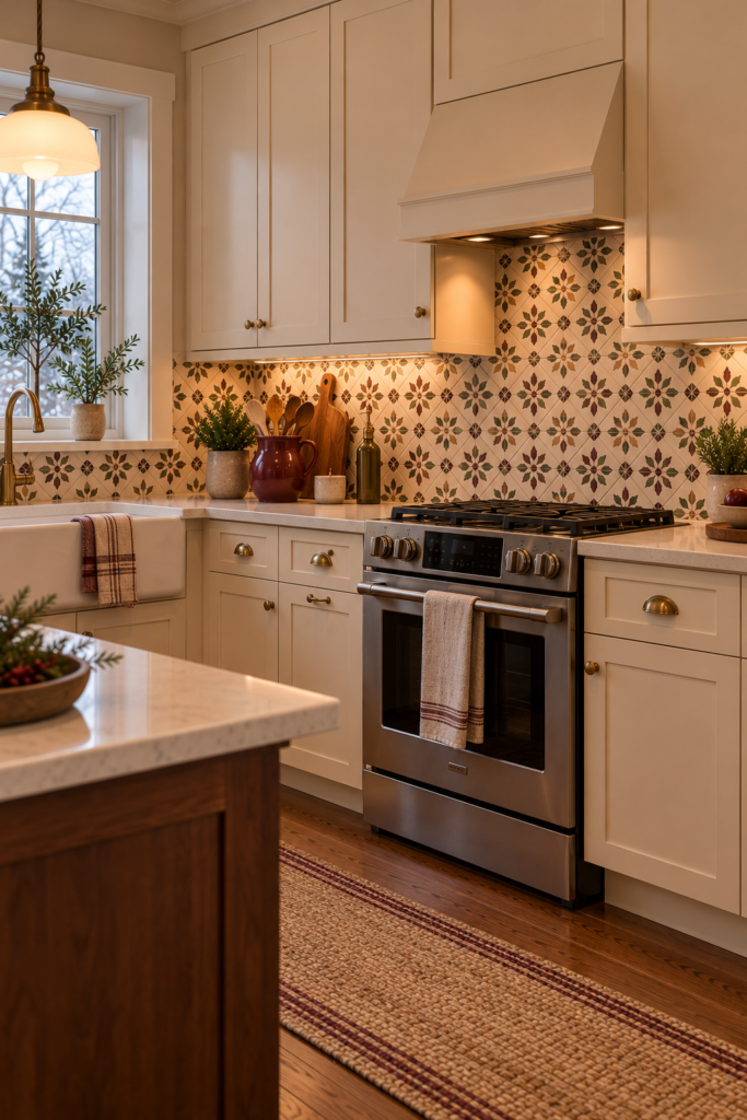 Patterned kitchen tile used as a focal-point backsplash or floor with simpler surrounding finishes.