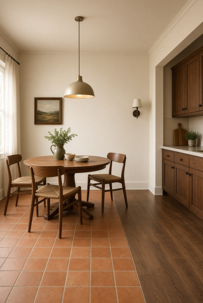 Warm stone-look or terracotta-look tile defining a breakfast nook floor beside a walnut table.