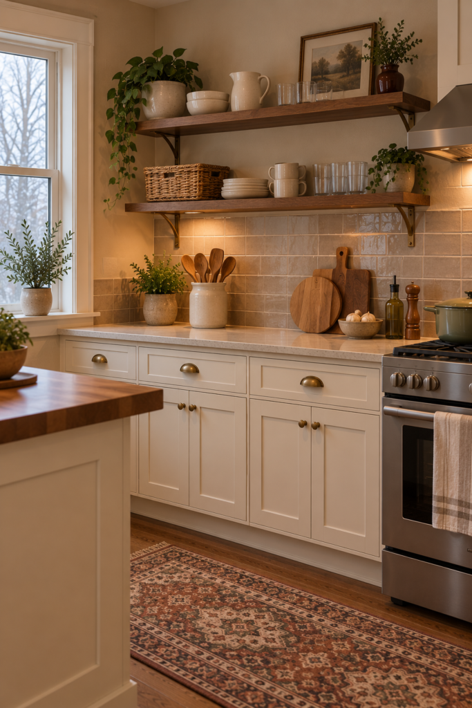 Natural wicker baskets on open kitchen shelves beside cream ceramics and clear glassware.