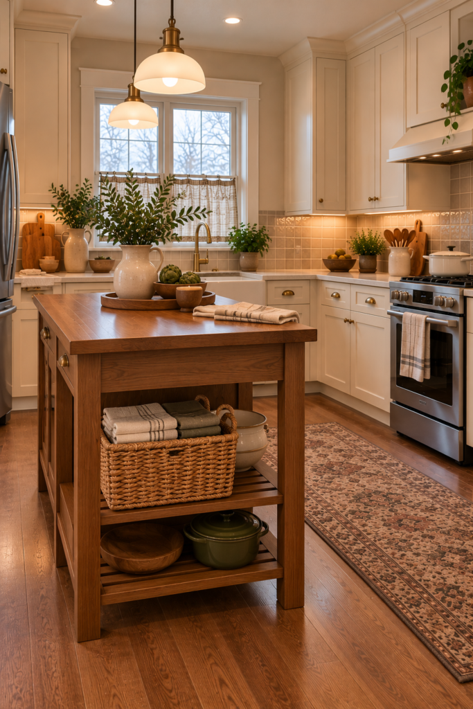 Medium wicker basket holding neatly folded cream, mushroom, and muted olive kitchen towels.