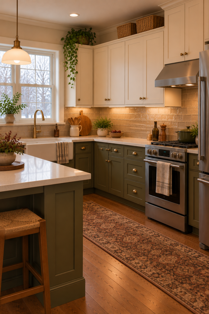 Natural wicker baskets arranged above cream upper kitchen cabinets in a warm neutral kitchen.
