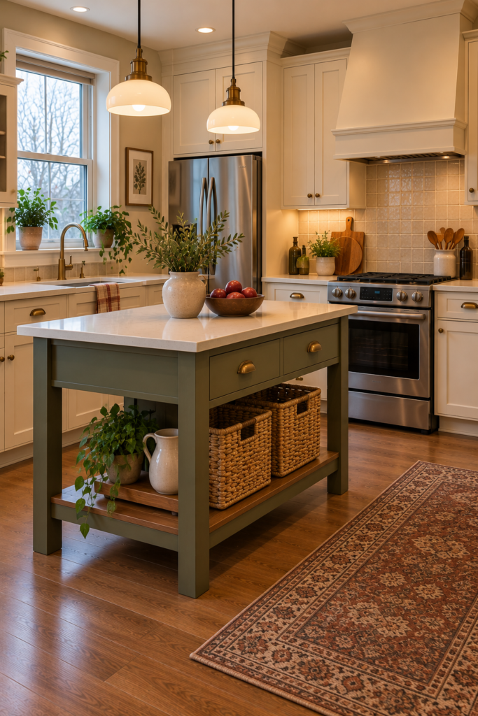 Wicker storage baskets fitted beneath a kitchen island with muted olive cabinetry and a light countertop.
