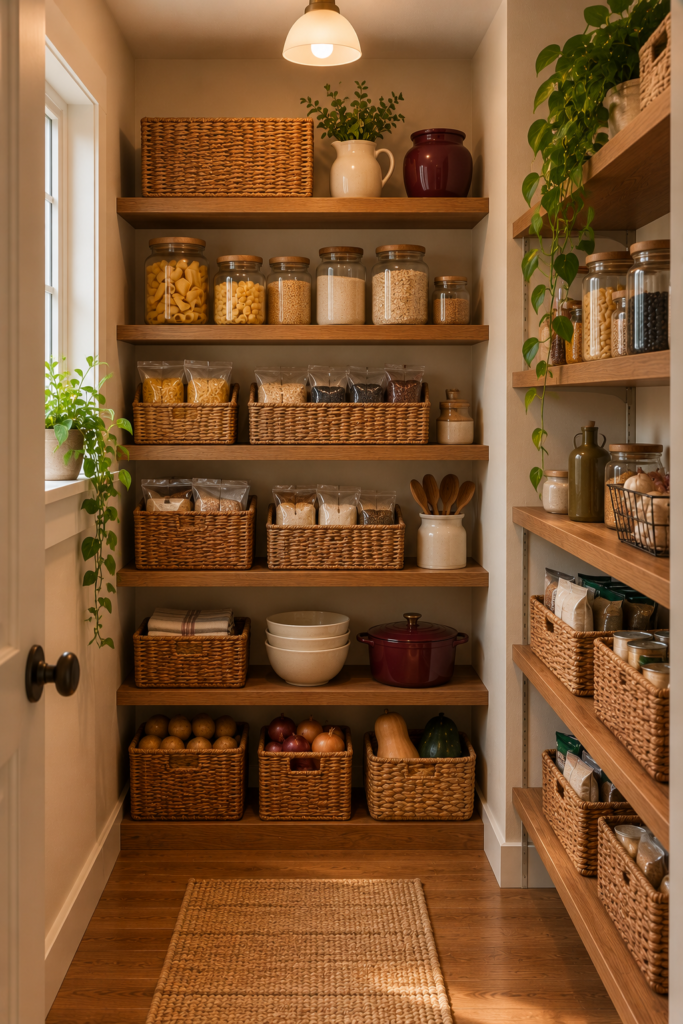 Wicker baskets organizing packaged snacks and baking supplies on pantry shelves.