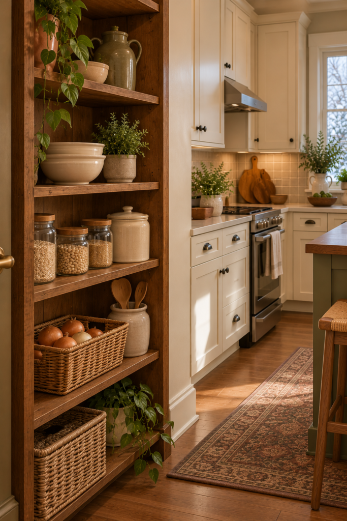 Open-weave wicker basket holding suitable room-temperature produce on a dry kitchen counter.