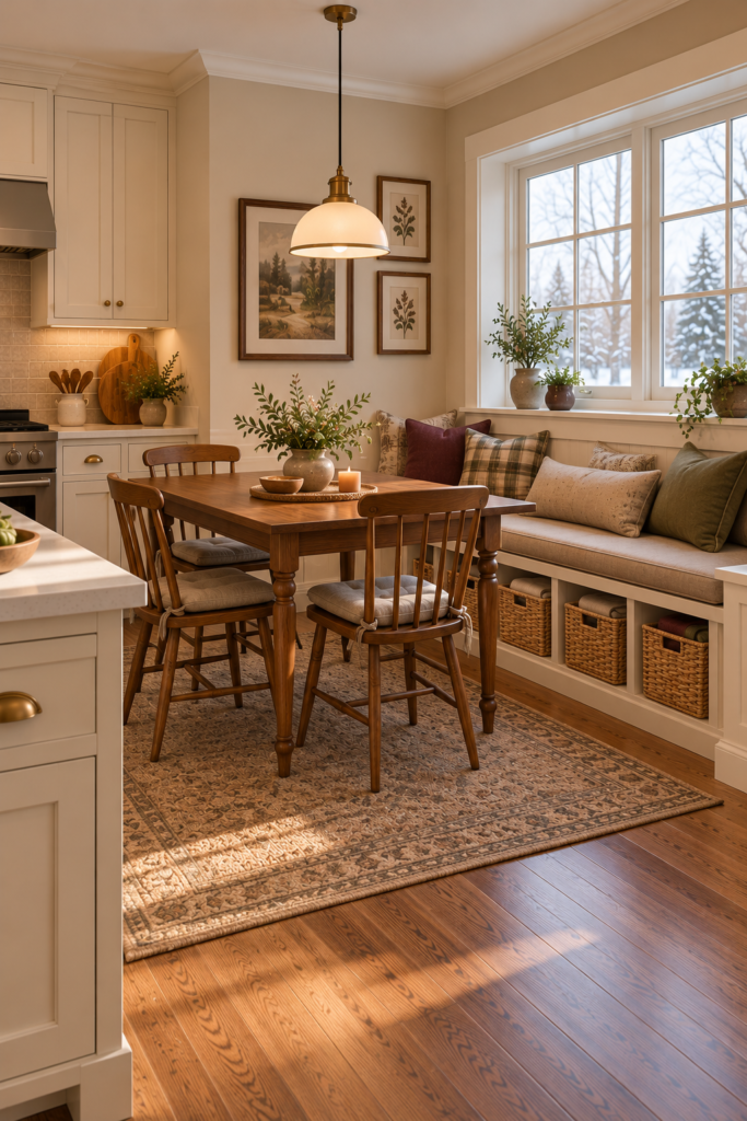 Low wicker baskets stored beneath a kitchen breakfast bench with a wood table and neutral seating.