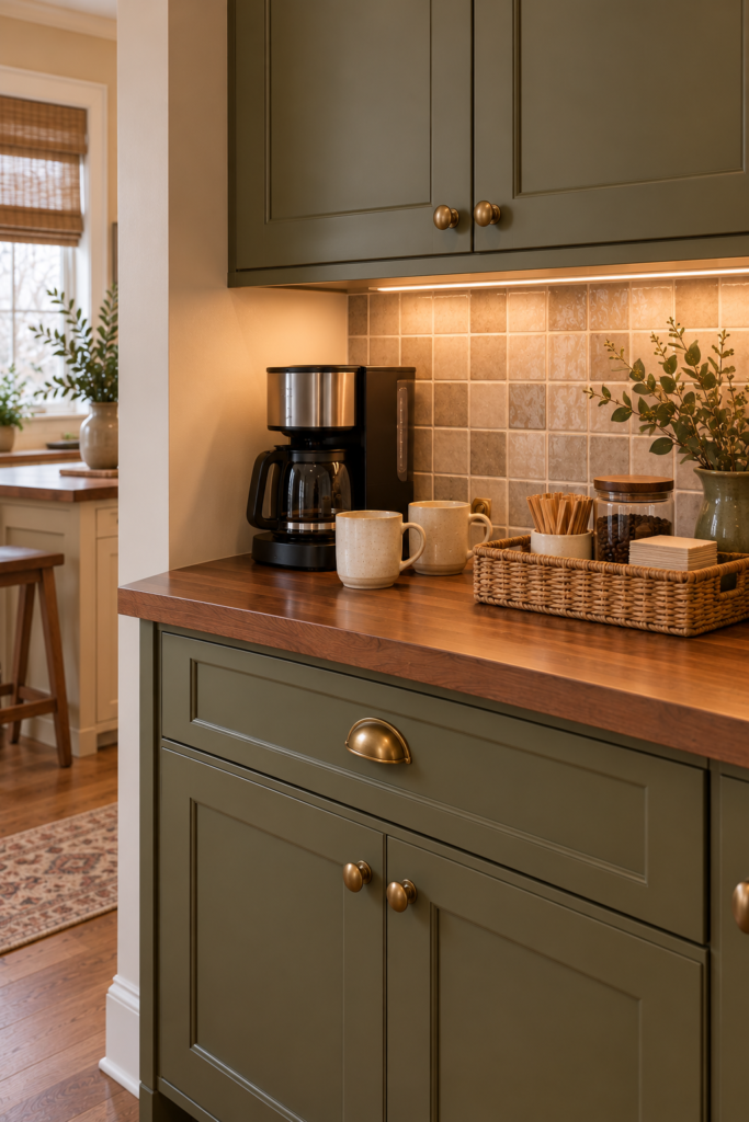 Shallow wicker basket organizing coffee accessories beside a coffee maker and walnut tray.