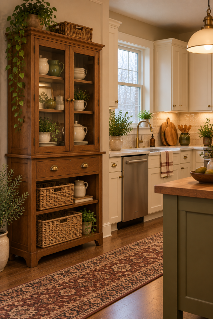 Natural wicker baskets on the lower shelves of a freestanding walnut kitchen cupboard.
