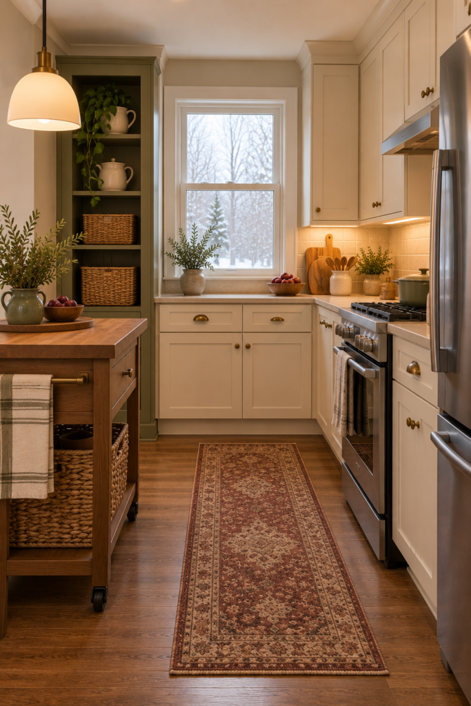 One or two natural wicker baskets organizing dry supplies in a compact kitchen without crowding the counter.