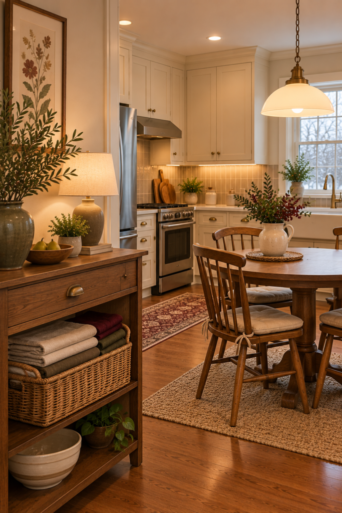 Wicker basket holding folded table linens in cream, mushroom, and dusty burgundy on a kitchen sideboard.