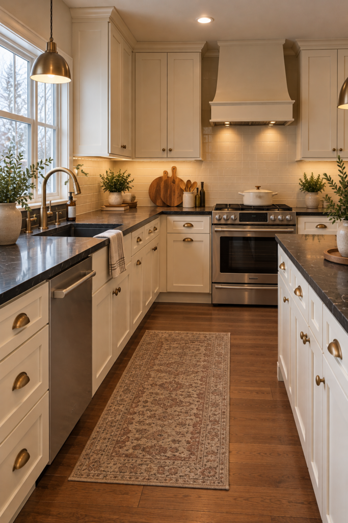 Dark gray soapstone countertop paired with warm cream kitchen cabinets, walnut flooring, and warm lighting.