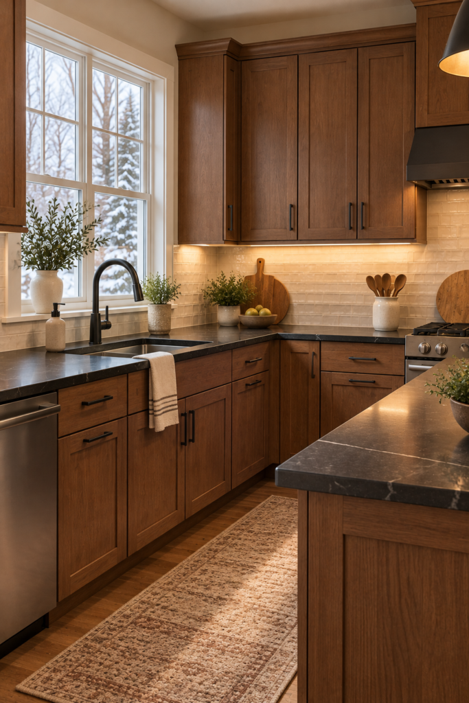 Gray-charcoal soapstone countertops with medium walnut cabinets, cream walls, and a simple backsplash.