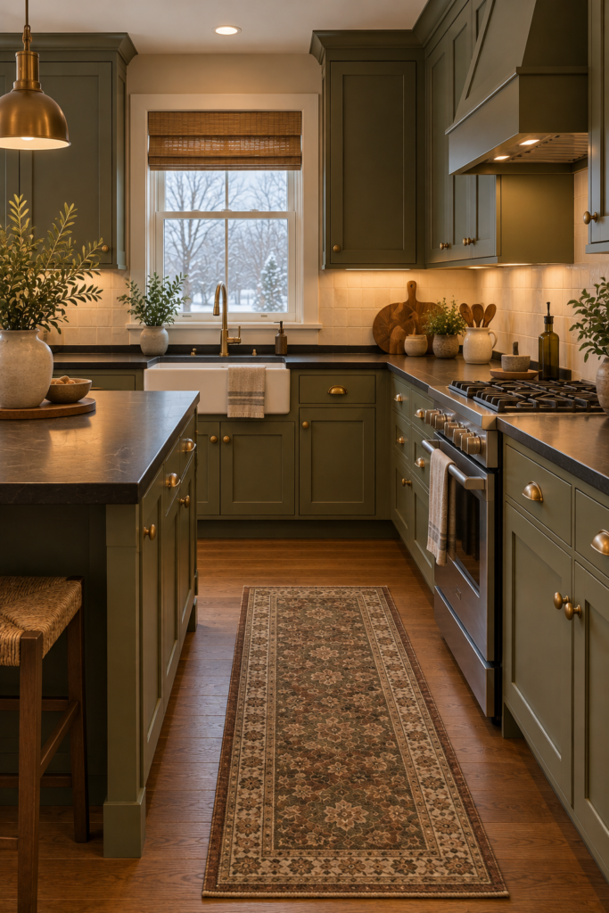 Soapstone countertop with muted olive cabinets, cream backsplash tile, walnut flooring, and aged-brass-style hardware.