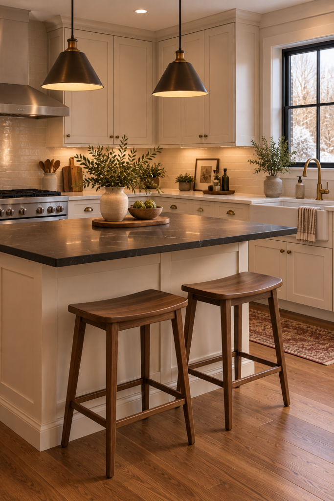 Kitchen island with a dark soapstone countertop, cream cabinets, and walnut counter stools.
