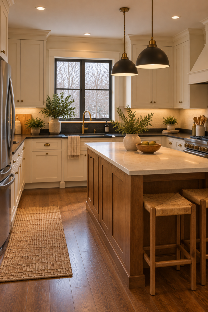 Kitchen with soapstone perimeter countertops and a lighter wood or cream island surface.