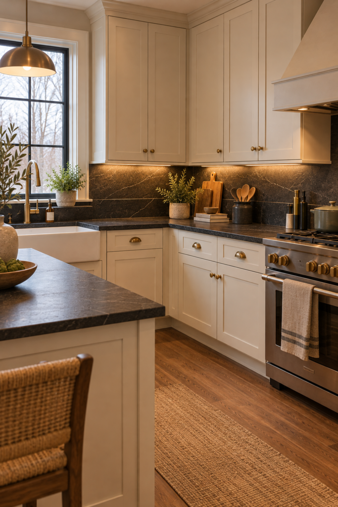 Soapstone countertop extending into a matching backsplash against warm cream cabinetry.