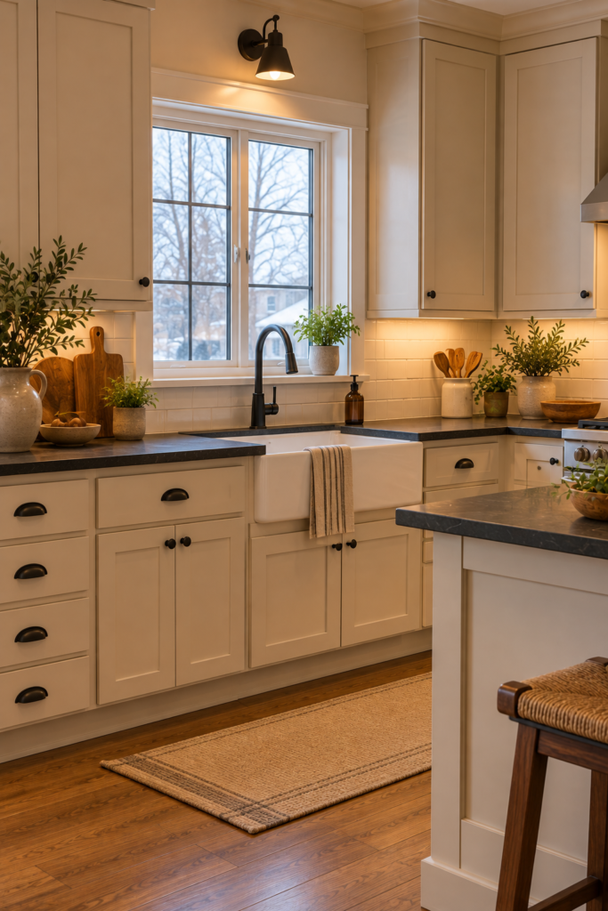 Farmhouse kitchen with soapstone countertops, cream shaker cabinets, a farmhouse-style sink, and medium wood accents.