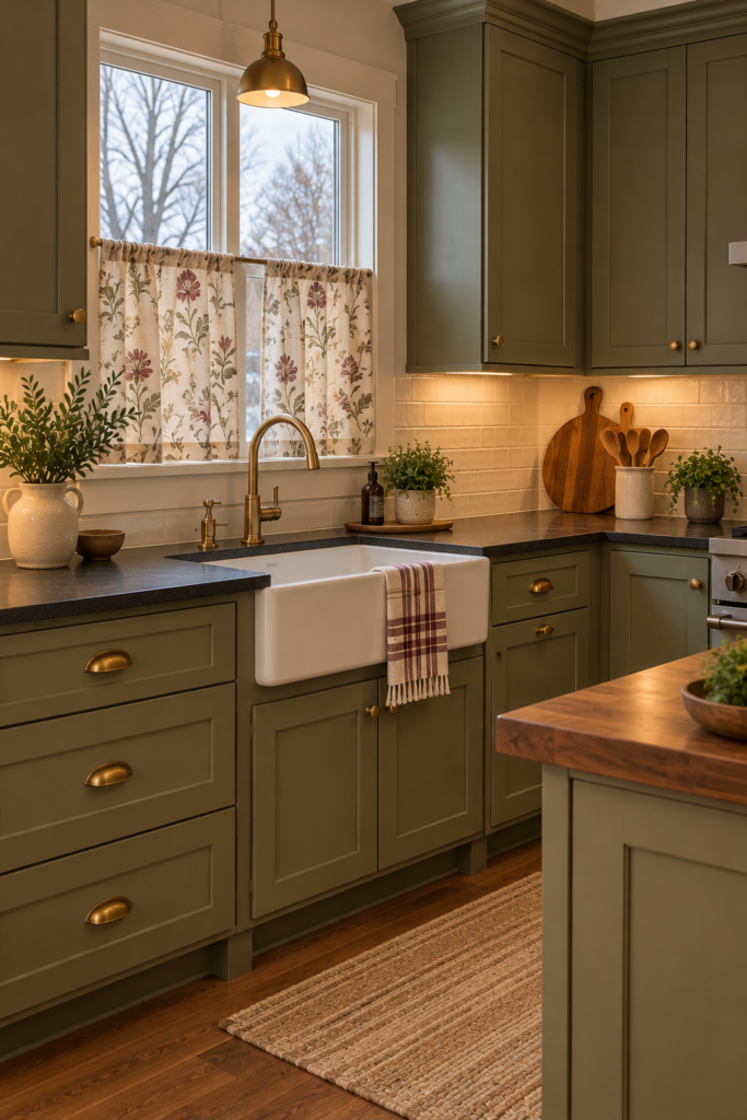 Cottage kitchen with soapstone counters, muted green cabinets, cream tile, walnut details, and a floral café curtain.