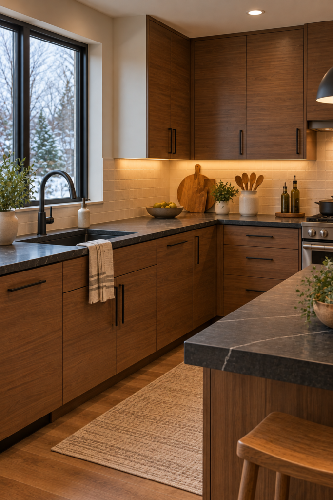 Modern kitchen with matte-looking soapstone countertops, flat-panel walnut cabinets, and minimal black hardware.