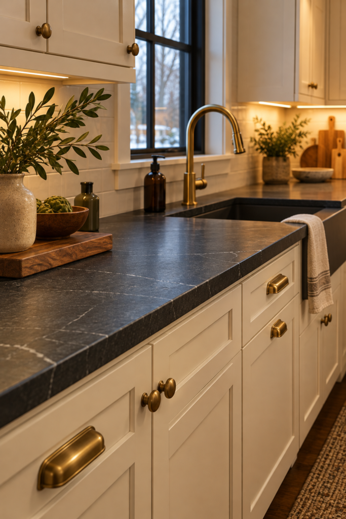 Soapstone countertop with aged-brass-style cabinet hardware and warm cream cabinetry.