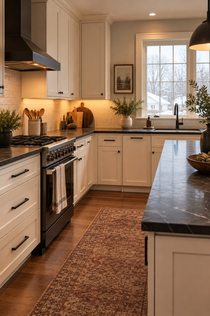 Dark soapstone countertop with matte-black hardware, cream cabinets, and warm lighting.