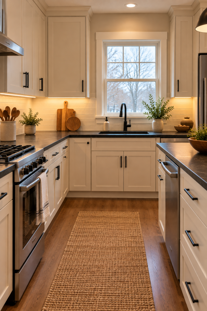 Small kitchen with dark soapstone countertops, light cabinetry, cream walls, and under-cabinet lighting.
