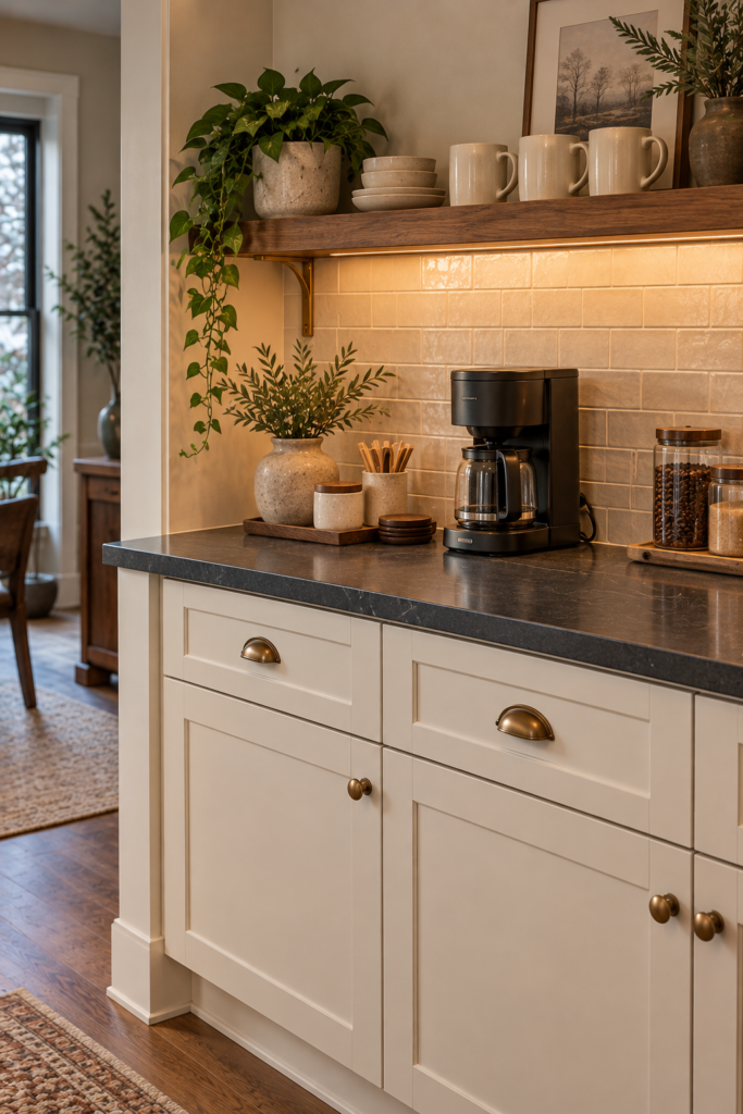 Coffee station with a small soapstone counter, cream cabinetry, a walnut shelf, and neatly arranged mugs.