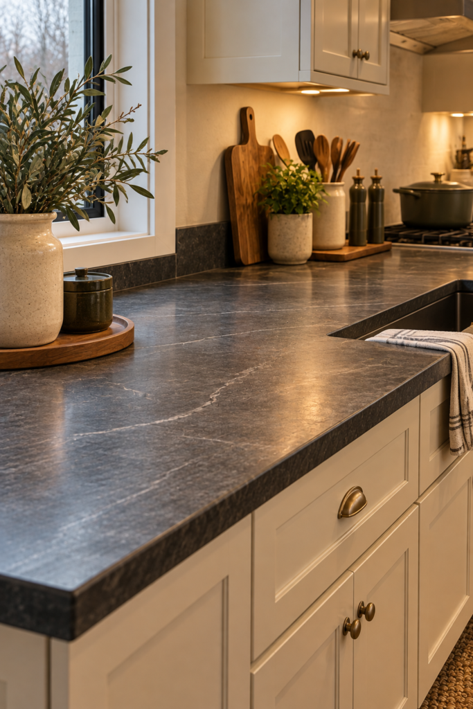 Soapstone countertop showing natural surface variation and signs of use in a traditional kitchen.