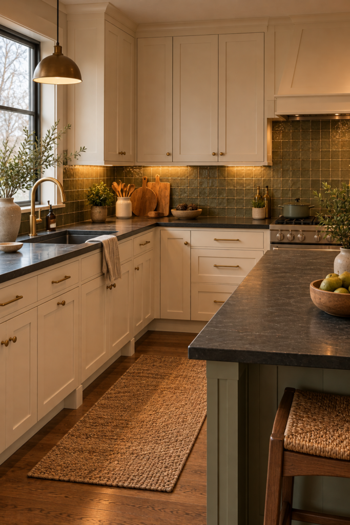 Dark soapstone countertop paired with warm cream handmade-look backsplash tile and simple cabinetry.