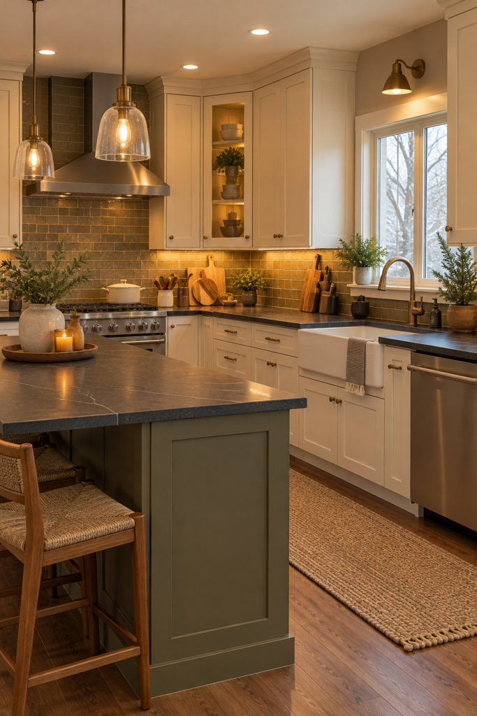 Coordinated soapstone kitchen with charcoal counters, cream cabinets, walnut accents, muted olive details, and aged-brass hardware.