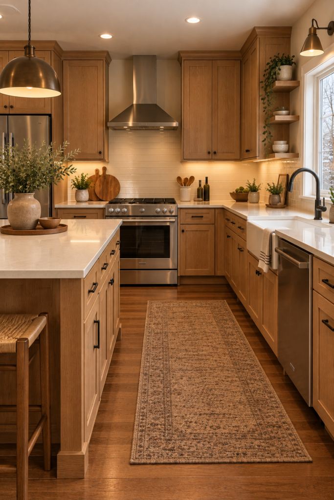 Earthy kitchen with medium oak or walnut cabinets, visible wood grain, warm cream walls, and light countertops.