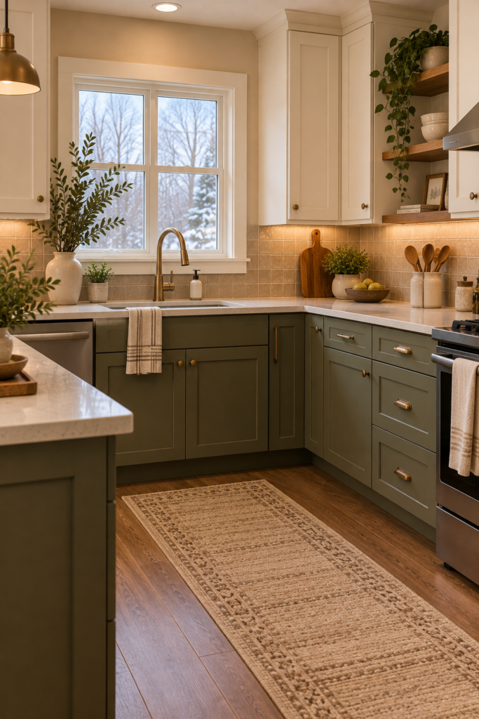 Kitchen with muted olive lower cabinets, cream upper cabinets, mushroom backsplash tile, and walnut flooring.