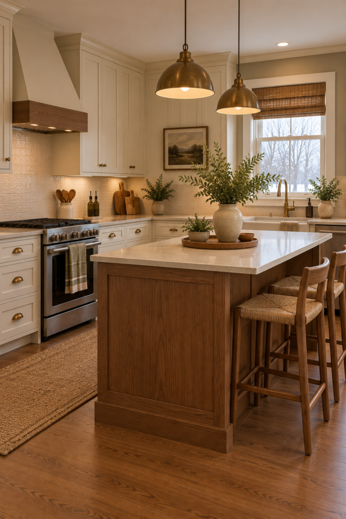 Warm cream kitchen cabinetry paired with a walnut island, natural wood accents, and soft neutral walls.