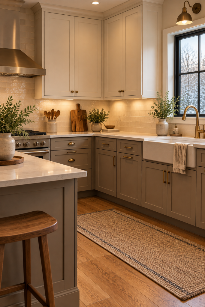 Earthy kitchen with mushroom taupe cabinetry, cream surfaces, and natural wood details.