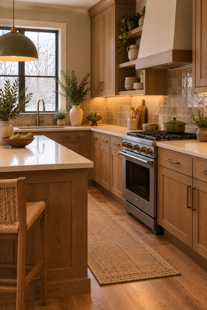Kitchen backsplash with handmade-look ceramic tile in warm cream, mushroom, and muted olive tones.