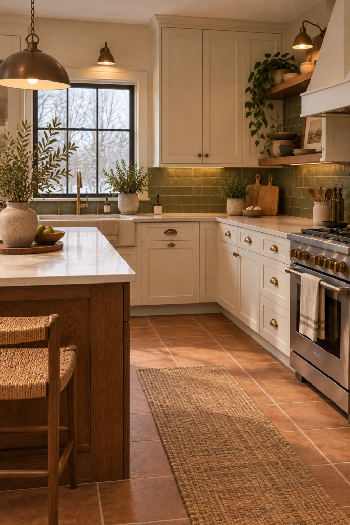 Earthy kitchen featuring terracotta-colored backsplash tile, cream cabinets, walnut accents, and olive details.