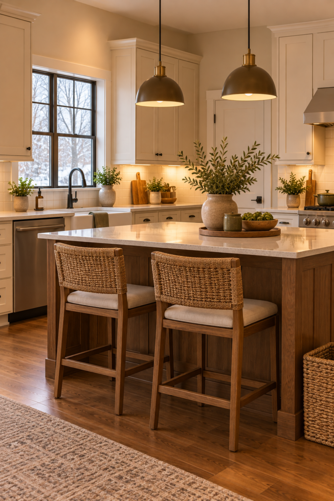 Natural kitchen styling with woven counter stools, storage baskets in a dry area, and warm wood cabinetry.