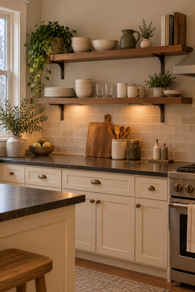 Open oak or walnut kitchen shelves displaying cream ceramics and a muted green accent.