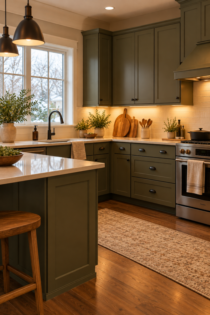 Earthy kitchen combining muted olive cabinets, walnut flooring, cream countertops, and mushroom walls.
