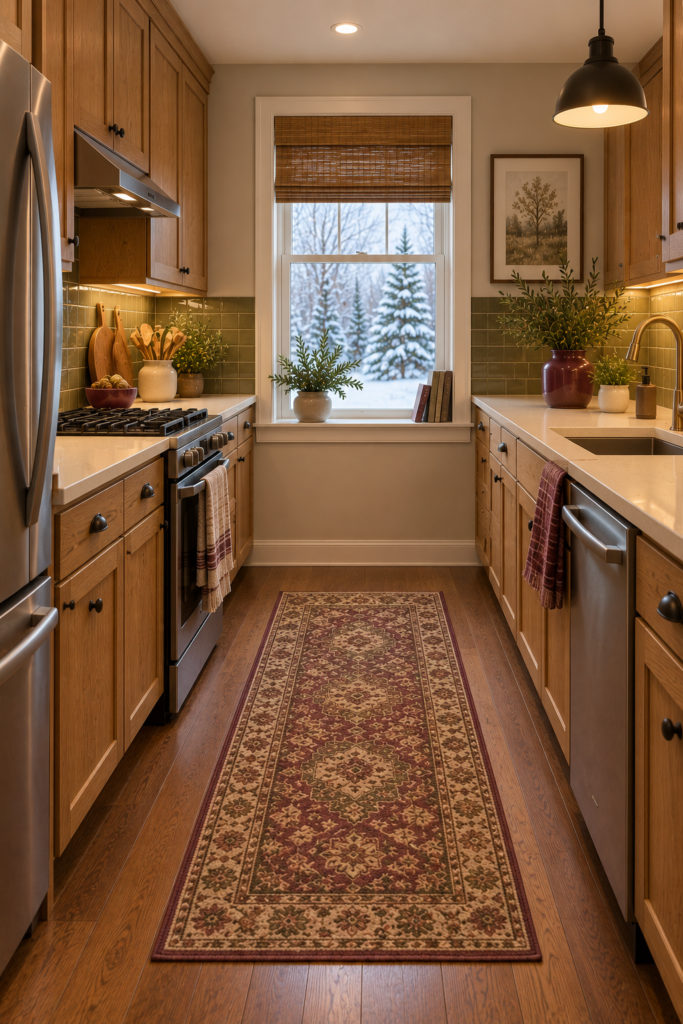 Natural kitchen palette with dusty burgundy accessories, walnut accents, and muted olive cabinetry.
