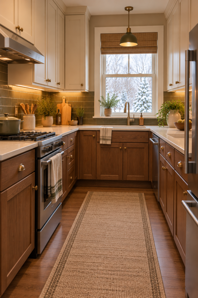 Small earthy kitchen with cream upper cabinets, walnut lower cabinets, light countertops, and textured backsplash tile.