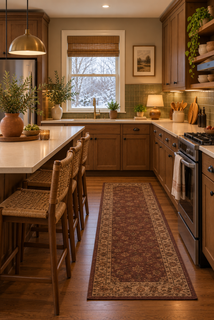 Fully layered earthy kitchen with warm wood, cream surfaces, olive cabinetry, mushroom tile, terracotta accents, and warm lighting.