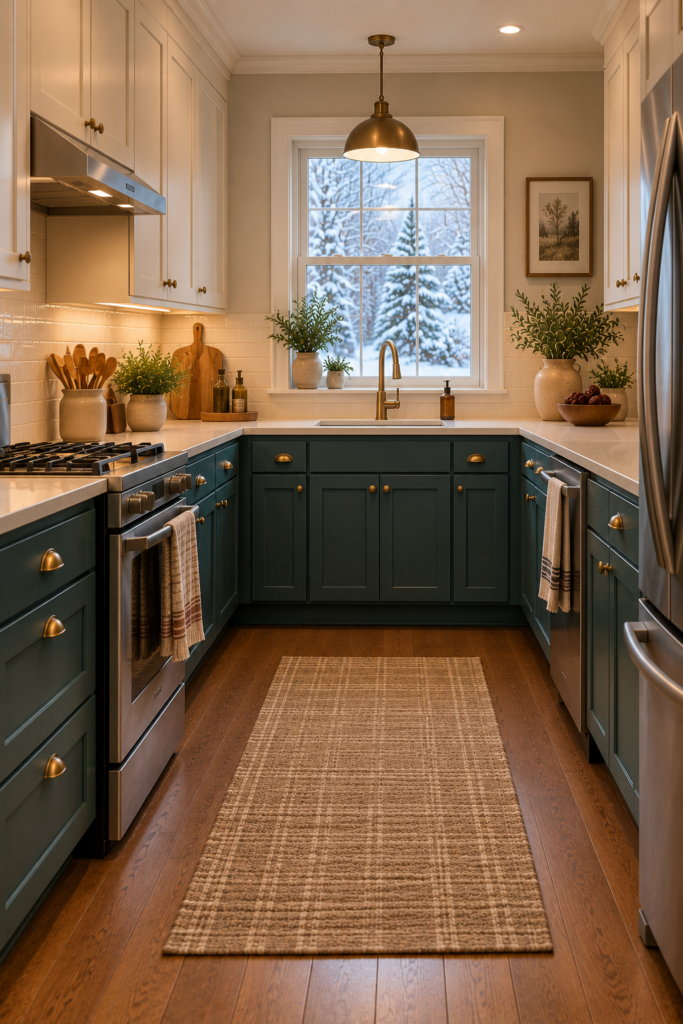Kitchen with deep teal lower cabinets, warm cream upper cabinets, light countertops, and walnut-look flooring.