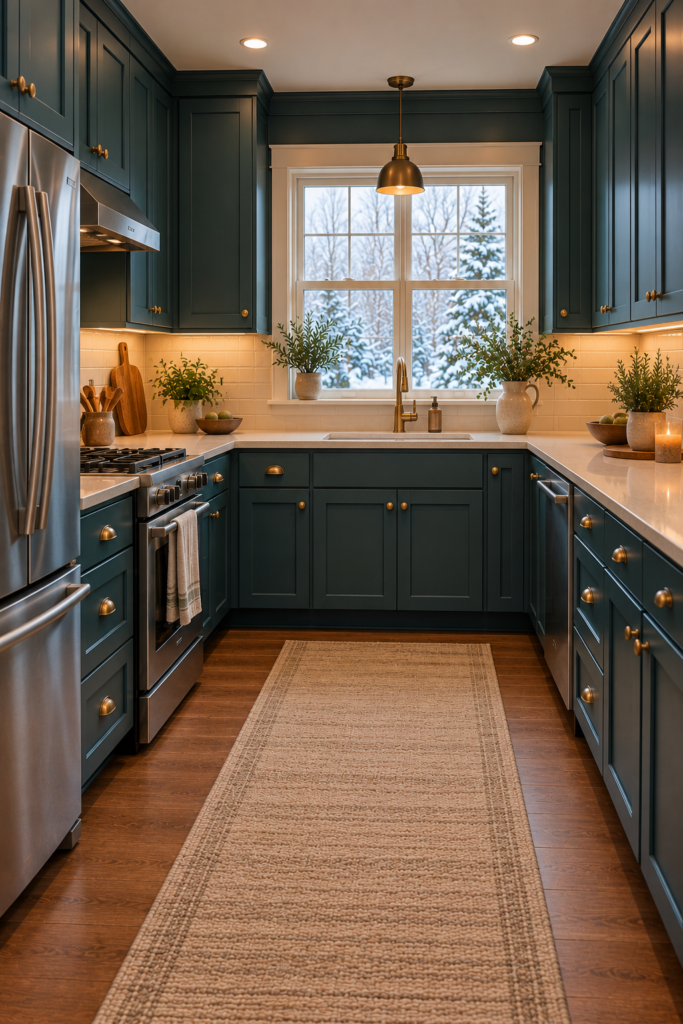Full teal kitchen cabinetry paired with cream countertops, a light backsplash, and warm wood flooring.