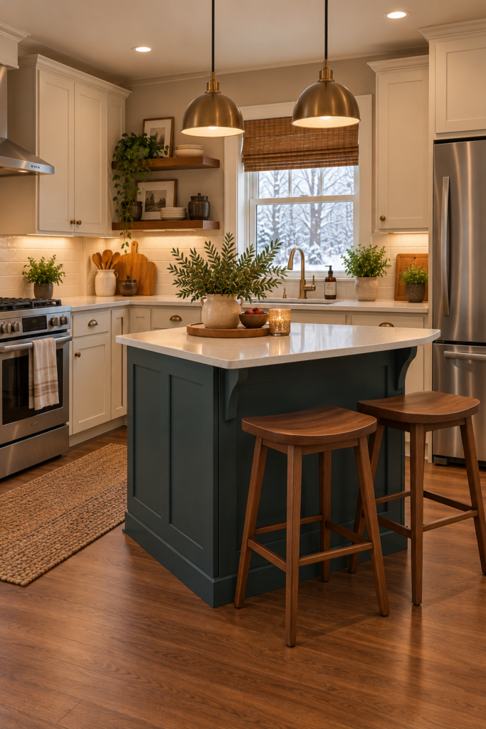 Teal kitchen island with cream perimeter cabinets, walnut stools, and a light countertop.