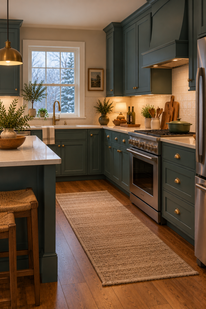 Teal kitchen cabinetry paired with warm cream walls, cream backsplash tile, and light countertops.