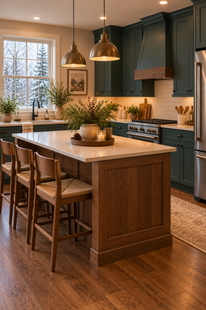 Deep teal kitchen cabinets with medium walnut flooring, a wood island, and cream countertops.