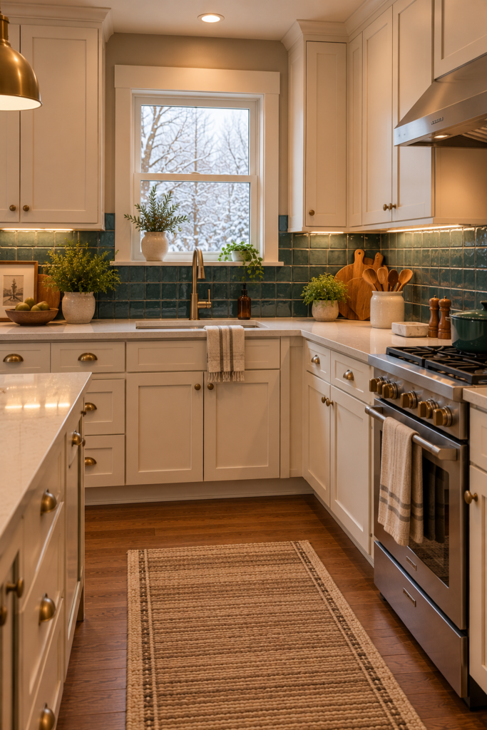 Kitchen with a muted teal ceramic tile backsplash, cream cabinetry, and walnut accents.