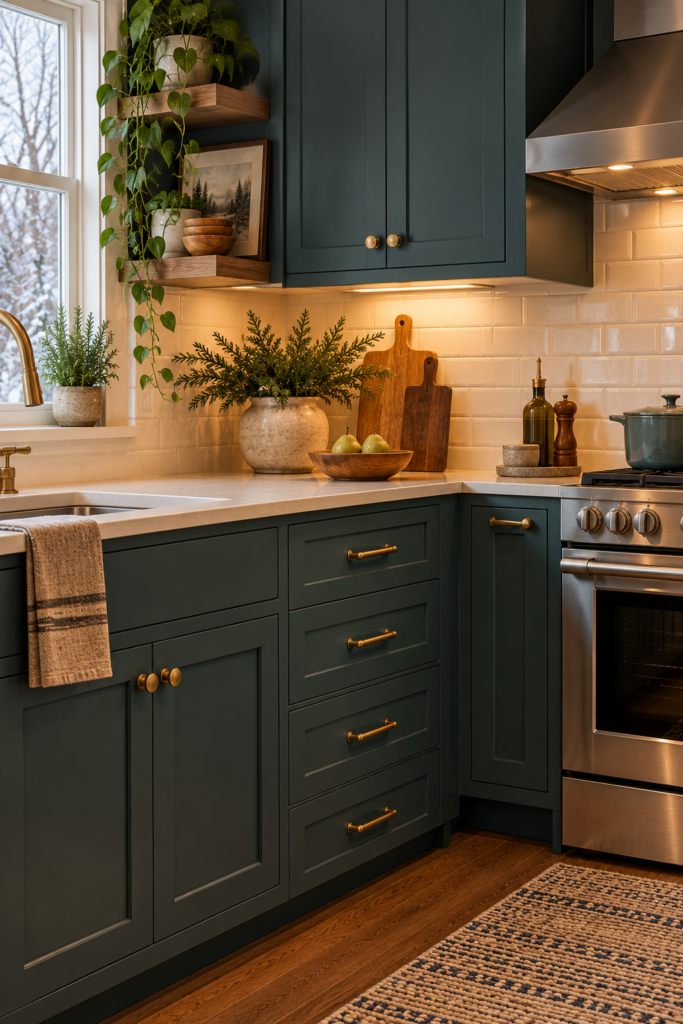 Deep teal kitchen cabinets with understated aged-brass knobs, pulls, and a coordinating faucet.