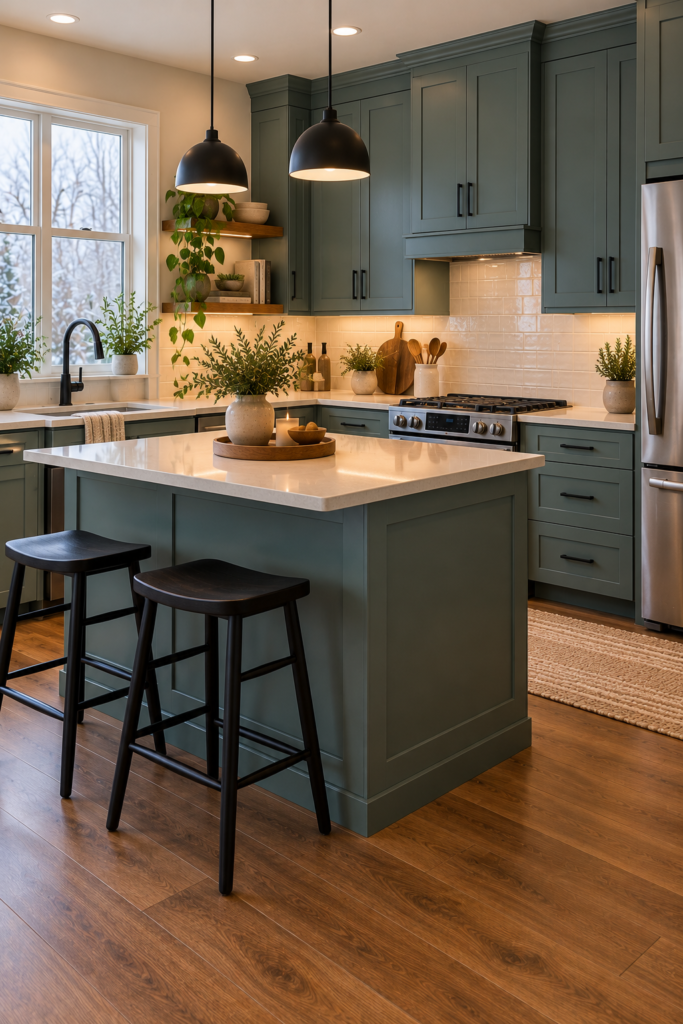 Modern teal kitchen with matte-black hardware, cream countertops, and warm walnut accents.