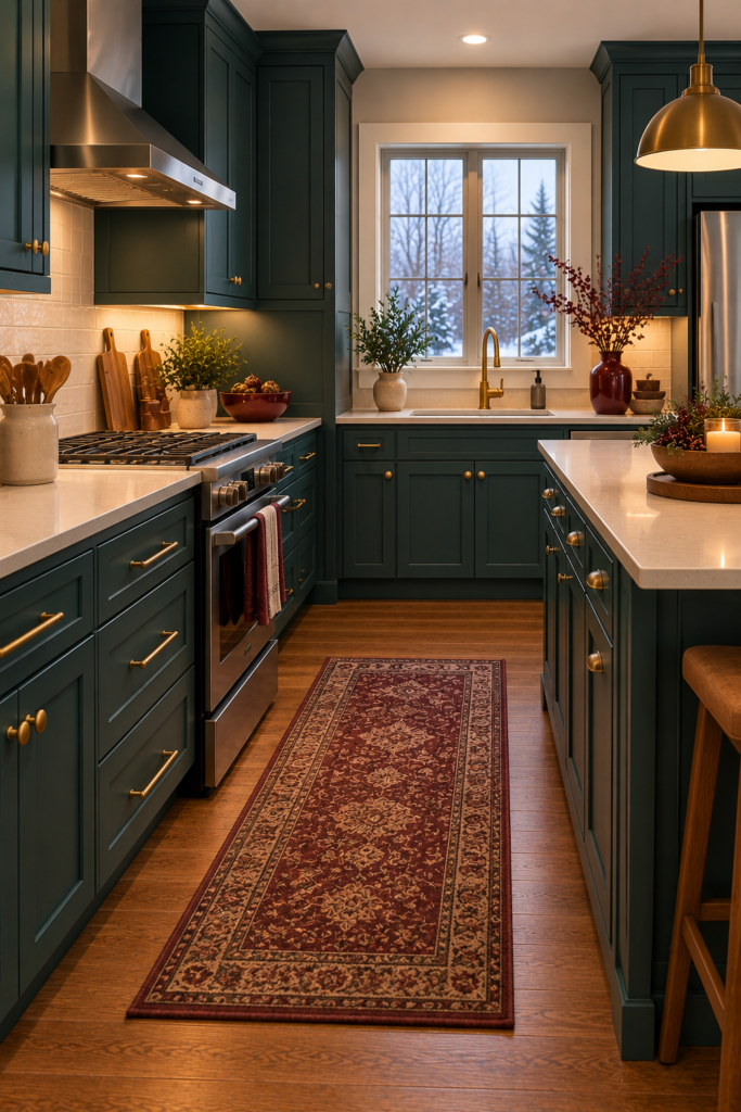 Teal kitchen with a dusty burgundy runner, ceramic accent, and warm cream cabinetry.